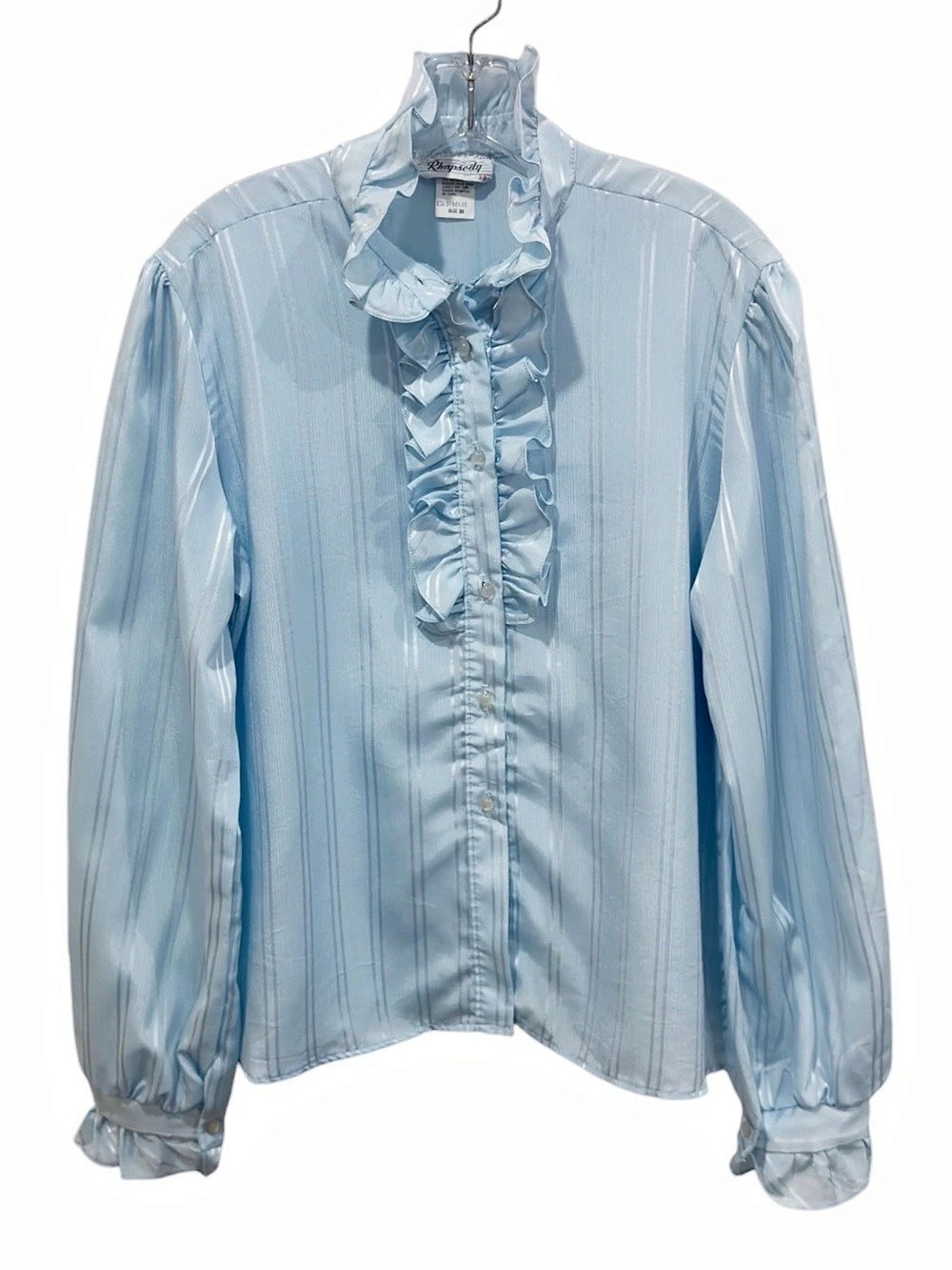 70s Vintage Rhapsody Ruffled Striped Satin Blouse in Blue Size 38 Like New